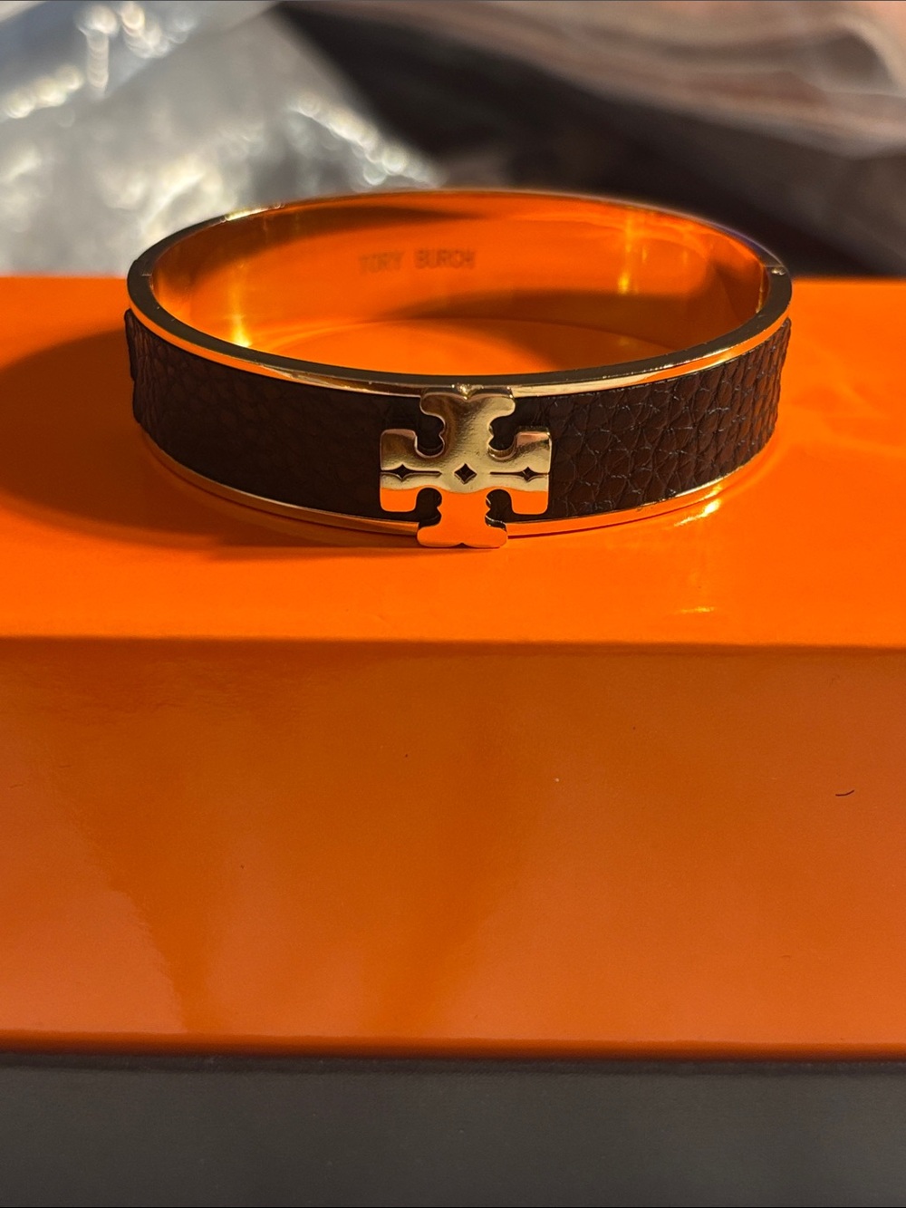 New Black Leather Bangle with Gold Logo Accent